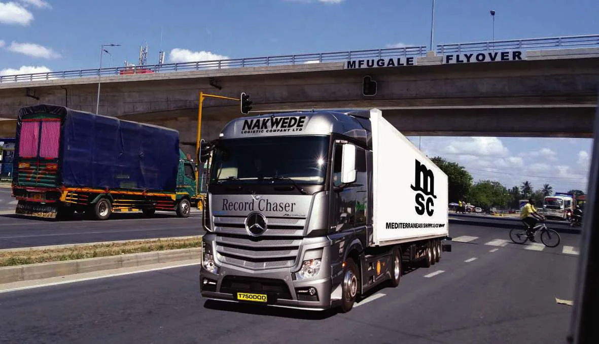 NAKWEDE-branded container truck near Mfugale Flyover in Dar es Salaam