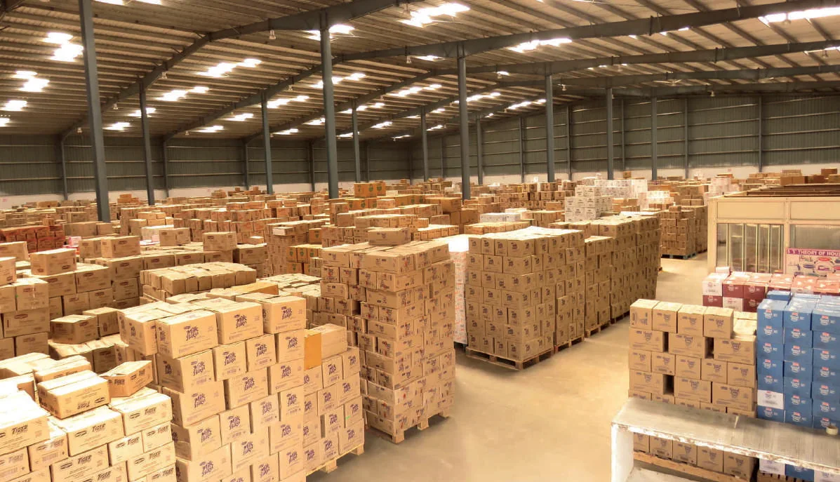 Boxed goods stored inside a warehouse